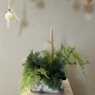 Bûche végétale La Naturelle, feuillages clairs, mousse douce et accessoires minimalistes monochromes, composition épurée Parenthèse Florale Lyon.